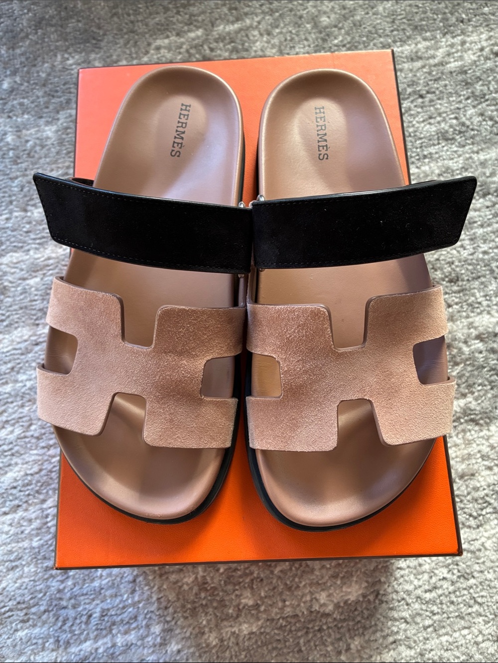 Hermes Chypre Sandal. Rose Pearl and Black Suede. Size 38. Gently Worn.